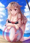  1girl ball beach beach_umbrella beachball bikini blonde_hair hair_ornament hair_ribbon hairclip highres kantai_collection kazenokaze long_hair looking_at_viewer red_eyes ribbon solo swimsuit yuudachi_(kantai_collection) 