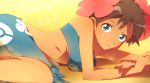  1girl aqua_eyes bare_shoulders breasts brown_hair dark_skin flower fuyou_(pokemon) hair_flower hair_ornament highres lying midriff parted_lips pokemon pokemon_(game) pokemon_oras pokemon_rse saku_anna sand sarong short_hair smile solo sweat tubetop under_boob yellow_background 
