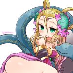  1girl =_= animal ass bare_shoulders blush breasts circlet cleavage flower giant_snake gradient gradient_background green_eyes hair_flower hair_in_mouth hair_ornament hair_rings long_hair marshmallow_mille meimei_(p&amp;d) mouth_hold no_nose off_shoulder puzzle_&amp;_dragons smile snake solo turtle_shell 