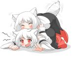  2girls animal_ears bare_shoulders blush detached_sleeves highres inubashiri_momiji mono_(moiky) multiple_girls open_mouth red_eyes short_hair silver_hair skirt smile tail touhou white_hair wolf_ears wolf_tail 