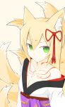  1girl animal_ears bangs blonde_hair collarbone dongflame flat_chest fox_ears fox_tail green_eyes hair_ornament highres japanese_clothes kimono mon-musu_quest! payot smile solo tail tamamo_(mon-musu_quest!) tattoo white_background 
