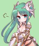  1girl armor artemis_(p&amp;d) bare_shoulders bikini_armor blue_eyes blush breasts cleavage diamond_(shape) gauntlets green_background green_hair large_breasts long_hair marshmallow_mille no_nose ponytail puzzle_&amp;_dragons simple_background sitting solo 