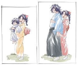  >_< 1boy 1girl age_comparison age_difference black_hair blue_eyes blue_kimono blue_sash bow braid braided_ponytail brother_and_sister carrying carrying_person child closed_eyes from_side full_body hakama happy height_difference highres hug hug_from_behind japanese_clothes kimetsu_no_yaiba kimono long_hair long_sleeves low_ponytail nem_yamm open_mouth pink_kimono ponytail red_bow sash siblings simple_background single_braid smile socks spiky_hair standing tabi tomioka_giyuu tomioka_tsutako white_background white_socks yellow_kimono 