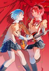 2girls bass_guitar black_socks blue_eyes blue_hair bow commentary english_commentary hair_ribbon highres instrument kneehighs leg_up long_sleeves looking_at_another mahou_shoujo_madoka_magica mahou_shoujo_madoka_magica:_hangyaku_no_monogatari miki_sayaka miniskirt mitakihara_school_uniform multiple_girls open_mouth plaid_clothes plaid_skirt ponytail red_bow red_eyes red_hair ribbon sakura_kyoko school_uniform short_hair skirt socks violin ziyin