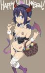  1girl :t bandages bare_shoulders basket boots braid breasts bustier choker cleavage demon_tail doughnut eating fake_horns food food_on_face from_above hairband happy_halloween horns knee_boots looking_at_viewer musashimaru nail_polish navel purple_hair ribbon_choker short_twintails simple_background solo stitches tail tattoo twin_braids twintails violet_eyes wings wrist_cuffs 