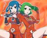  2girls bara_(pokemon) belt belt_buckle bike_shorts blue_eyes blue_hair blue_lipstick boots cerasus flipped_hair glasses glasses_removed gloves green_eyes green_hair green_lipstick hair_rings head_mounted_display lipstick makeup momiji_(pokemon) multiple_girls necktie orange_background pokemon pokemon_(game) pokemon_xy red_gloves team_flare uniform vambraces 