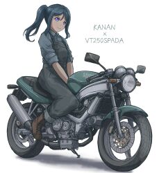  1girl black_overalls blue_hair blue_shirt boots brown_boots commentary_request hancho_1021 high_ponytail highres honda_vt250f light_smile love_live! love_live!_sunshine!! matsuura_kanan motor_vehicle motorcycle overalls own_hands_clasped own_hands_together ponytail shirt simple_background sitting solo tan violet_eyes white_background 