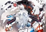  1girl big.g blurry breasts cleavage covered_mouth depth_of_field dress from_above horns kantai_collection long_hair looking_at_viewer machinery midway_hime orange_eyes shinkaisei-kan solo white_dress white_hair white_skin 