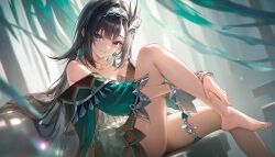  1girl ai-generated aqua_sleeves bare_legs bare_shoulders barefoot bird_hair_ornament black_hair bracelet commentary dress genshin_impact green_dress hair_ornament hairband highres jewelry lan_yan_(genshin_impact) lianyaneko looking_at_viewer metal_hairband multicolored_hair silver_bracelet silver_hairband sitting thigh_strap untranslatable_commentary violet_eyes 