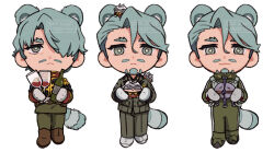  1boy animal_ears blue_hair bottle challia_bull char_aznable character_doll chibi chibi_only closed_mouth commentary_request cup doll drinking_glass facial_hair green_pants gundam gundam_gquuuuuux hair_between_eyes holding holding_cup kemonomimi_mode male_focus military_uniform mustache pants raccoon_ears raccoon_tail raichu_(shenzed4092) short_hair simple_background smile tail variations white_background wine_bottle wine_glass 
