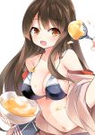  1girl :d akagi_(kantai_collection) alternate_costume bikini breasts brown_eyes brown_hair cleavage kantai_collection long_hair looking_at_viewer navel open_mouth smile solo swimsuit yostxxx 