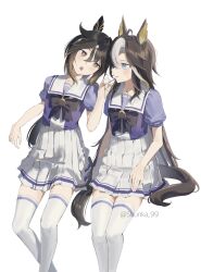  1girl 2girls absurdres adjusting_another's_eyewear ahoge animal_ears black_hair blue_eyes blush bow bowtie breasts brown_eyes brown_hair dream_journey_(umamusume) ear_covers eyewear_strap glasses hair_between_eyes highres horse_ears horse_girl horse_tail long_hair multicolored_hair multiple_girls open_mouth pleated_skirt puffy_short_sleeves puffy_sleeves purple_bow purple_bowtie purple_shirt sailor_collar sailor_shirt school_uniform shirt short_sleeves shunka_shuto skirt small_breasts stay_gold_(umamusume) streaked_hair tail thigh-highs tracen_school_uniform two-tone_hair umamusume white_hair white_sailor_collar white_skirt white_thighhighs 