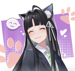  1girl :3 animal_ear_fluff animal_ears awa_subaru black_hair black_jacket blush cat_ears cat_girl chiwucha closed_eyes commentary_request girls_band_cry green_necktie hair_intakes hair_ribbon jacket kemonomimi_mode long_hair necktie parted_bangs ribbon solo white_ribbon 