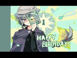  1girl black_cloak black_shirt book braid chinese_commentary cloak closed_mouth commentary_request daring_do_(my_little_pony) dated english_commentary grey_hair grey_hat grey_streaks halo hand_up happy_birthday hat highres holding holding_book keyhole long_hair long_sleeves looking_at_viewer mixed-language_commentary multicolored_hair my_little_pony my_little_pony:_friendship_is_magic personification qq565 rectangular_halo red-framed_eyewear semi-rimless_eyewear shirt single_braid smile solo streaked_hair under-rim_eyewear very_long_braid violet_eyes 