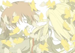  2boys akatsuki_uniform asymmetrical_bangs blue_eyes deidara_(naruto) eyepatch flower forehead_protector grey_eyes grin hair_over_one_eye high_ponytail highres long_hair looking_at_another male_focus multiple_boys naruto_(series) naruto_shippuuden ntcke open_mouth ponytail red_hair robe sasori_(naruto) short_hair simple_background sketch smile surprised white_background yellow_flower 