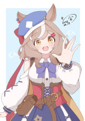  1girl absurdres animal_ears belt_bag blue_bow blue_hat blush bow breasts brown_hair center_frills clothing_cutout commentary_request corset ears_through_headwear frills hair_ornament hairclip hanetsuki_777 hat highres horse_ears horse_girl looking_at_viewer matikanetannhauser_(clippety-tippety-clop)_(umamusume) matikanetannhauser_(umamusume) medium_breasts medium_hair multicolored_hair newsboy_cap open_mouth parallel_hairclips red_corset shirt shoulder_cutout smile solo streaked_hair tilted_headwear umamusume white_shirt yellow_eyes 