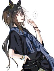  1girl animal_ears black_hair black_shirt blue_shirt brown_eyes brown_hair camouflage camouflage_pants casual clothes_across_chest commentary_request ear_covers fanny_pack hair_between_eyes highres horse_ears horse_girl horse_tail jacket_across_chest long_hair multicolored_hair open_mouth pants shirt smile sorekara_64 stay_gold_(casual)_(umamusume) stay_gold_(umamusume) streaked_hair tail umamusume white_hair 