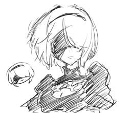  1girl 2b_(nier:automata) black_dress black_hairband blindfold breasts clothing_cutout covered_eyes dress hairband highres juliet_sleeves long_sleeves mole monochrome nier:automata nier_(series) puffy_sleeves short_hair thigh-highs timama_timama white_hair 
