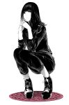  1girl black_hair boots capri_pants hands_clasped highres long_hair looking_at_viewer monochrome original pants sawasawa simple_background solo spot_color squatting white_background 