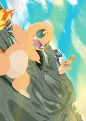  blue_eyes charmander claws cocoro_the_c colored_skin commentary_request fangs fire flame-tipped_tail lizard no_humans open_mouth orange_skin pokemon pokemon_(creature) tail 
