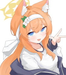  1girl absurdres animal_ear_fluff blue_archive blue_eyes byomssui commentary_request flower gym_shirt gym_uniform hair_flower hair_ornament hairband halo highres jacket looking_at_viewer mari_(blue_archive) mari_(track)_(blue_archive) official_alternate_costume orange_hair shirt simple_background solo track_jacket white_flower white_hairband yellow_halo 