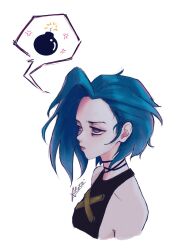 1girl alice_(redrumalice) alternate_hair_length_(shorter) alternate_hairstyle anger_vein arcane:_league_of_legends arcane_jinx bare_shoulders blue_hair bomb closed_mouth commentary cropped_shoulders english_commentary explosive highres jinx_(league) league_of_legends lips short_hair signature simple_background solo speech_bubble spoken_anger_vein violet_eyes white_background 