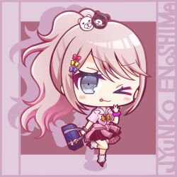  >_o 1girl :p ;p alternate_costume alternate_hairstyle bag bear_hair_ornament blue_bag blue_bow blue_eyes blush blush_stickers border bow brown_shoes character_charm character_name charm_(object) chibi chibi_only closed_mouth clothes_around_waist collared_shirt commentary_request danganronpa:_trigger_happy_havoc danganronpa_(series) drop_shadow enoshima_junko eyelashes full_body hair_bow hair_ornament handbag holding holding_bag long_hair loose_socks misa_(usaginosakura) monokuma multiple_hair_bows one_eye_closed pink_hair pink_scrunchie pink_shirt plaid_clothes plaid_skirt ponytail purple_border red_background red_bow red_skirt scrunchie shirt shoes short_sleeves sidelocks skirt smile socks solo standing standing_on_one_leg tongue tongue_out w white_socks wrist_scrunchie yellow_bow 