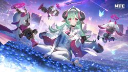  1girl absurdres ahoge animal_ear_fluff animal_ears artist_request black_horns blue_flower bug building butterfly clouds commentary copyright_name copyright_notice curled_horns english_commentary fingerless_gloves flower gloves goat_ears goat_girl goat_horns green_hair hair_intakes halo highres holding holding_instrument holding_syringe holding_trumpet horns instrument iroi_(nte) jacket jacket_on_shoulders neverness_to_everness shooting_star sky stirrup_legwear syringe thigh-highs toeless_legwear trumpet violet_eyes white_jacket white_thighhighs 
