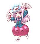  1girl arm_up bow bubble_skirt commentary_request dual_wielding expressionless face_mask fan folding_fan fox_mask hata_no_kokoro long_hair long_sleeves mask nibi open_mouth pink_eyes pink_hair see-through shirt skirt solo touhou very_long_hair wide_sleeves 