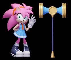  1girl 3d alternate_costume amy_rose arm_behind_back black_background black_boots blue_dress boots bow bowtie commentary dress english_commentary gloves hammer hedgehog_girl highres looking_at_viewer m_ariel_e pink_fur pink_hair simple_background solo sonic_(series) teeth upper_teeth_only waving weapon white_gloves 