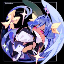  angel_wings asymmetrical_wings blue_hair borcheim bow commentary curled_up dizzy_(guilty_gear) floating guilty_gear guilty_gear_xrd hair_intakes hair_ribbon hair_rings highres monster_girl red_eyes ribbon star_(sky) tail tail_bow tail_ornament tail_ribbon twintails wings yellow_ribbon 
