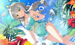  1girl atmospheric_perspective bikini blue_archive blue_sky blurry blush bow bow_bikini bow_swimsuit bracelet braid braided_twintails breasts center_frills closed_mouth clouds collarbone commentary_request cowboy_shot day depth_of_field drone dutch_angle floating floating_object flower frilled_bikini frills furrowed_brow gingham_bikini gingham_clothes green_bikini green_eyes green_nails grey_hair hair_intakes halo hare_(blue_archive) hibiscus jewelry long_hair medium_breasts mountain multiple_bracelets nail_polish narita_tamezou navel ocean orange_flower outdoors palm_leaf palm_tree red_flower sky solo standing sunlight sweatdrop swimsuit tree twin_braids water_drop yellow_flower yellow_halo 