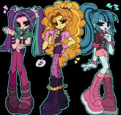  3girls adagio_dazzle adagio_dazzle_(human) animification aria_blaze aria_blaze_(human) black_background blonde_streaks blue_hair blue_skin boots bracelet colored_skin curly_hair equestria_girls:_rainbow_rocks eyelashes gloves highres jacket jewelry jwnn knee_boots long_hair looking_at_viewer multicolored_hair multiple_girls my_little_pony my_little_pony:_equestria_girls my_little_pony:_friendship_is_magic necklace orange_hair orange_skin pants pantyhose pink_boots pink_eyes pink_gloves pink_jacket pink_pants pink_pantyhose pink_skin pink_skirt ponytail purple_boots purple_hair purple_shirt purple_shorts red_eyes revision shirt short_sleeves shorts simple_background skirt smile sonata_dusk sonata_dusk_(human) spiked_boots spiked_bracelet spikes streaked_hair the_dazzlings_(my_little_pony) thick_eyelashes twintails uneven_eyes v-bangs violet_eyes 