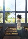  1girl absurdres black_eyes black_hair cellphone chair classroom copyright_request desk egg hat highres jpeg_artifacts mini_hat pantyhose petals phone school_desk school_uniform shoes short_hair skirt solo source_request sunlight tagme tanaka_masayoshi tree window 