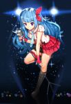  1girl blue_hair frilled_skirt frills gloves greetload hair_ribbon holding idol long_hair looking_at_viewer microphone_stand original red_gloves ribbon skirt smile solo suspenders violet_eyes 