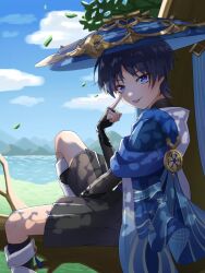 1boy :p absurdres akanbe animal_print armor bird_print black_hair black_shorts blue_cape blue_hat blue_jingasa blue_sky blunt_ends bridal_gauntlets bright_pupils cape choppy_bangs clouds cloudy_sky commentary_request eyelid_pull eyeliner falling_leaves finger_to_eye furisode genshin_impact gold grass grey_bridal_gauntlets hakama hakama_shorts hand_up hat highres index_finger_raised japanese_armor japanese_clothes jingasa kimono kote kurokote lake leaf leg_warmers looking_at_viewer makeup male_focus middle_ring mountainous_horizon on_tree pleated_shorts pomoekaki red_eyeliner scaramouche_(genshin_impact) shorts side_cape sitting_on_branch sky solo tassel tongue tongue_out tree tsurime violet_eyes wanderer_(genshin_impact) white_kimono white_leg_warmers white_pupils white_trim wolf_cut 