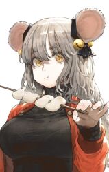  1girl :t animal_ears bell_ear_ornament black_ribbon black_sweater breasts chewing chinese_zodiac closed_mouth commentary_request cropped ear_ribbon eating eyelashes fingernails grey_hair hand_up highres holding holding_skewer jacket jun_(navigavi) large_breasts long_hair long_sleeves looking_at_viewer mouse_ears mouse_girl nose open_clothes open_jacket original red_jacket ribbon simple_background skewer solo sweater turtleneck turtleneck_sweater upper_body white_background year_of_the_rat yellow_eyes 