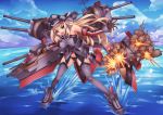 &gt;:o 1girl :o bismarck_(kantai_collection) black_legwear black_panties blonde_hair blue_eyes breasts brown_gloves cannon clouds explosion firing firing_at_viewer full_body g.haruka gloves hat iron_cross kantai_collection leaning_forward long_hair long_sleeves looking_at_viewer mecha_musume military military_hat military_uniform ocean open_mouth outdoors panties peaked_cap smoke solo standing standing_on_water thigh-highs turret underwear uniform 