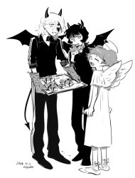  3girls angel angel_and_devil angel_wings artist_name asada_nemui closed_eyes colored_skin commentary_request crying dated demon demon_girl demon_horns demon_tail demon_wings dress eating feathered_wings food full_body greyscale halo highres holding holding_food holding_tray horns jacket long_sleeves looking_at_another medium_hair monochrome multicolored_skin multiple_girls open_mouth original oven_mitts pants shoes short_hair short_twintails signature simple_background sleeves_rolled_up smile standing sweat tail track_jacket track_pants track_suit tray twintails white_background wings 