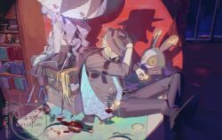  1boy 1girl alcohol arm_out_of_sleeve bangboo_(zenless_zone_zero) black_gloves black_hat black_pants black_shoes blonde_hair blue_necktie book bookshelf bottle breasts broken_bottle commentary cup different_shadow dress drill_hair drinking_glass fedora gloves hat highres holding holding_umbrella hugo_vlad jacket jewelry long_hair long_sleeves necktie nemuke2828 pants parasol pointy_ears purple_hair ring robin_(zenless_zone_zero) shaded_face shadow shoes sitting sleeves_rolled_up spotlight suitcase umbrella vivian_banshee wine wine_bottle wine_glass zenless_zone_zero 
