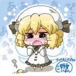  1girl blonde_hair blush crying crying_with_eyes_open drill_hair fairy_wings hat highres luna_child noai_nioshi open_mouth pudding short_hair solo sweat tears touhou wings 