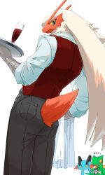 3boys absurdres alcohol bird_boy blaziken blue_eyes commentary_request cowboy_shot cup drinking_glass from_side furry furry_male highres holding holding_towel holding_tray looking_at_viewer looking_back male_focus multiple_boys pokemon pokemon_(creature) red_vest sceptile shirt simple_background solo_focus swampert sya_(user_zsgx8247) tail tail_through_clothes towel tray vest waiter white_background white_shirt wine wine_glass 