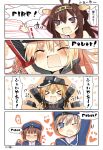  &gt;_&lt; 4girls 4koma ahoge anchor_hair_ornament bare_shoulders bismarck_(kantai_collection) black_ribbon blonde_hair blue_eyes blush brown_hair clothes_writing comic detached_sleeves english german gloves hair_ornament hair_ribbon hairband hat heart kantai_collection kongou_(kantai_collection) long_hair long_sleeves matsushita_yuu military military_uniform multiple_girls nontraditional_miko one_eye_closed open_mouth peaked_cap prinz_eugen_(kantai_collection) ribbon sailor_hat shouting silver_hair sweat twintails uniform violet_eyes white_gloves z1_leberecht_maass_(kantai_collection) z3_max_schultz_(kantai_collection) 