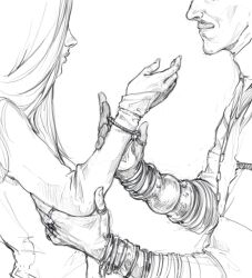  1boy 1girl age_difference bangle bracelet couple dragon_age dragon_age:_the_veilguard emmrich_volkarin facial_hair hand_focus head_out_of_frame hetero highres holding_another's_arm jewelry mustache old old_man profile ring rook_(dragon_age) smile svanha upper_body 
