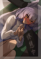  1girl animal_ear_fluff animal_ears backlighting blue_bow blue_skirt blurry blush bow box closed_mouth collared_shirt commentary_request cowboy_shot depth_of_field dutch_angle eyelashes eyes_visible_through_hair fox_ears fox_girl fox_tail grey_hair hair_between_eyes hair_bow hands_up highres in_box in_container knees_up kootee-on long_sleeves looking_ahead lying machikado_mazoku medium_hair nose_blush on_side riko_(machikado_mazoku) shirt sidelocks skirt solo split_mouth suspender_skirt suspenders tail tail_raised v-shaped_eyebrows white_shirt yellow_eyes 
