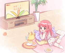  1girl =_= ahoge artist_request bare_arms bare_shoulders blouse blush_stickers book bow bowtie brown_eyes chibi chinese_commentary chinese_text chips_(food) cloak commentary_request copyright_name cushion dot_nose ear_covers floral_print food frilled_shirt frilled_skirt frills happy highres holding holding_food holding_popsicle hood hood_up hooded_cloak indoors leg_up licking living_room long_hair long_sidelocks looking_at_animal lying miniskirt miracle_nikki momo_(nikki) nikki_(nikki) nikki_(series) official_art on_floor on_pillow on_stomach open_book open_mouth pillow pink_hair plant plate pleated_skirt popsicle potato_chips potted_plant print_shirt print_skirt red_bow red_bowtie rose_print rug second-party_source shirt sidelocks sitting skirt skirt_set sleeveless sleeveless_shirt smile socks tareme television tile_floor tiles translation_request very_long_hair watching_television white_shirt white_skirt white_socks yarn yarn_ball yellow_cloak zabuton 