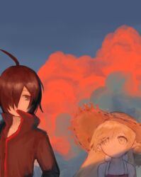  1boy 1girl absurdres ahoge apron araragi_koyomi arm_at_side arms_at_sides back_bow bare_arms bare_shoulders black_eyes black_hair black_jacket blonde_hair blue_sky bow closed_mouth clouds cloudy_sky collarbone commentary dusk english_commentary gakuran hair_between_eyes hair_flaps hair_over_one_eye halterneck hat highres jacket kou313l long_hair long_sleeves monogatari_(series) naoetsu_high_school_uniform oshino_shinobu popped_collar red_trim school_uniform shade short_hair side-by-side sidelocks sky square_neckline straight-on straw_hat very_long_hair white_apron yellow_eyes 