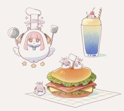  1girl angel_wings berry blue_archive blush burger chef_hat closed_eyes closed_mouth ekoru food frying_pan halo ham hat holding holding_frying_pan holding_spatula lettuce low_wings medium_hair mika_(blue_archive) open_mouth pink_hair pink_halo simple_background sleeping smile spatula tall_hat toothpick white_background white_hat white_wings wings yellow_eyes 