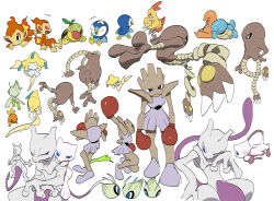  antennae bandaid beak bird blue_eyes boxing_gloves celebi charmander chicken chimchar claws closed_mouth colored_skin combusken commentary_request fire highres hitmonchan hitmonlee jirachi kicking kochi8i long_legs mew_(pokemon) mewtwo monkey no_humans open_mouth penguin piplup pokemon pokemon_(creature) pokemon_focus punching purple_skin shell sleeping squirtle tail talons tanzaku torchic turtle turtwig violet_eyes white_skin wings 