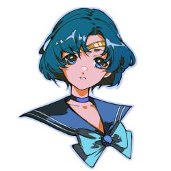 1girl bishoujo_senshi_sailor_moon blue_bow blue_bowtie blue_choker blue_eyes blue_hair blue_sailor_collar bow bowtie choker circlet commentary cropped_shoulders highres looking_at_viewer mizuno_ami negi_(fufufuyu) sailor_collar sailor_mercury short_hair solo white_background 